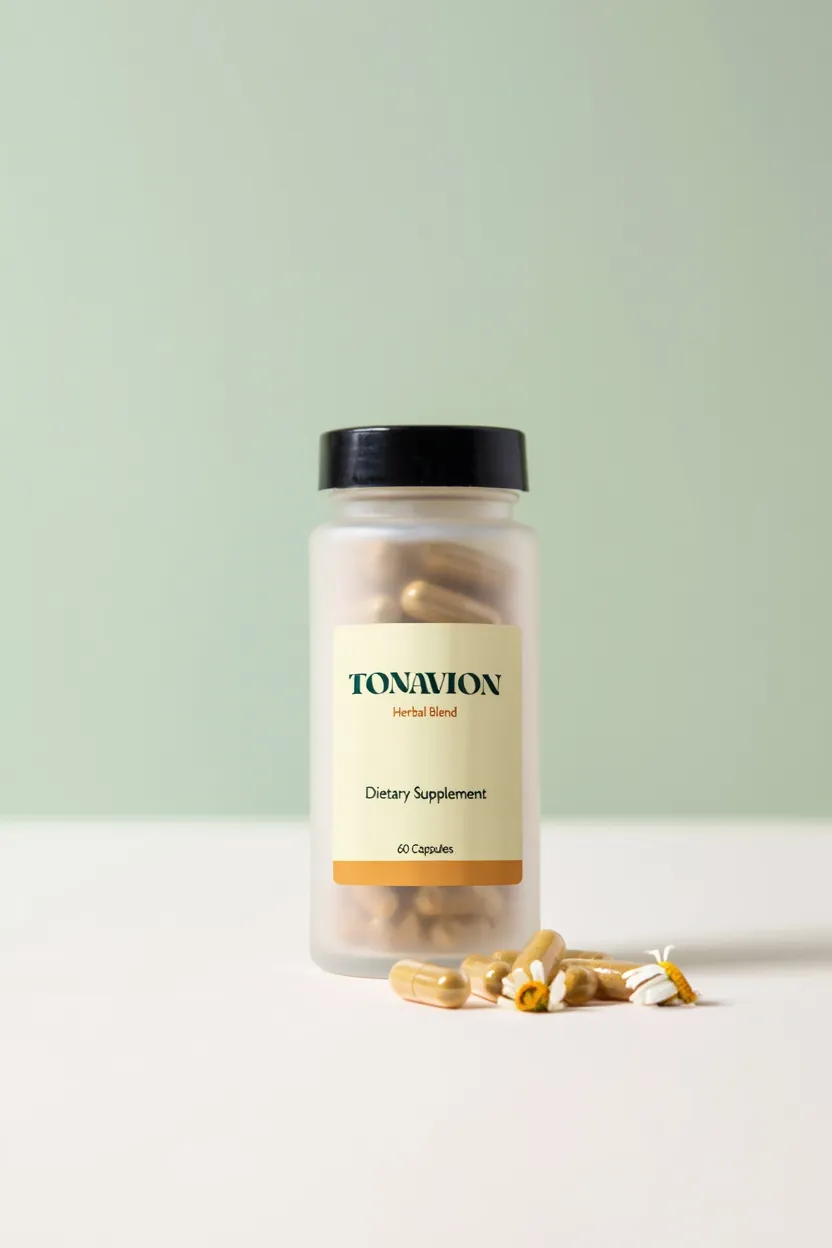 Tonavion dietary supplement bottle with botanical ingredients; not intended to treat disease